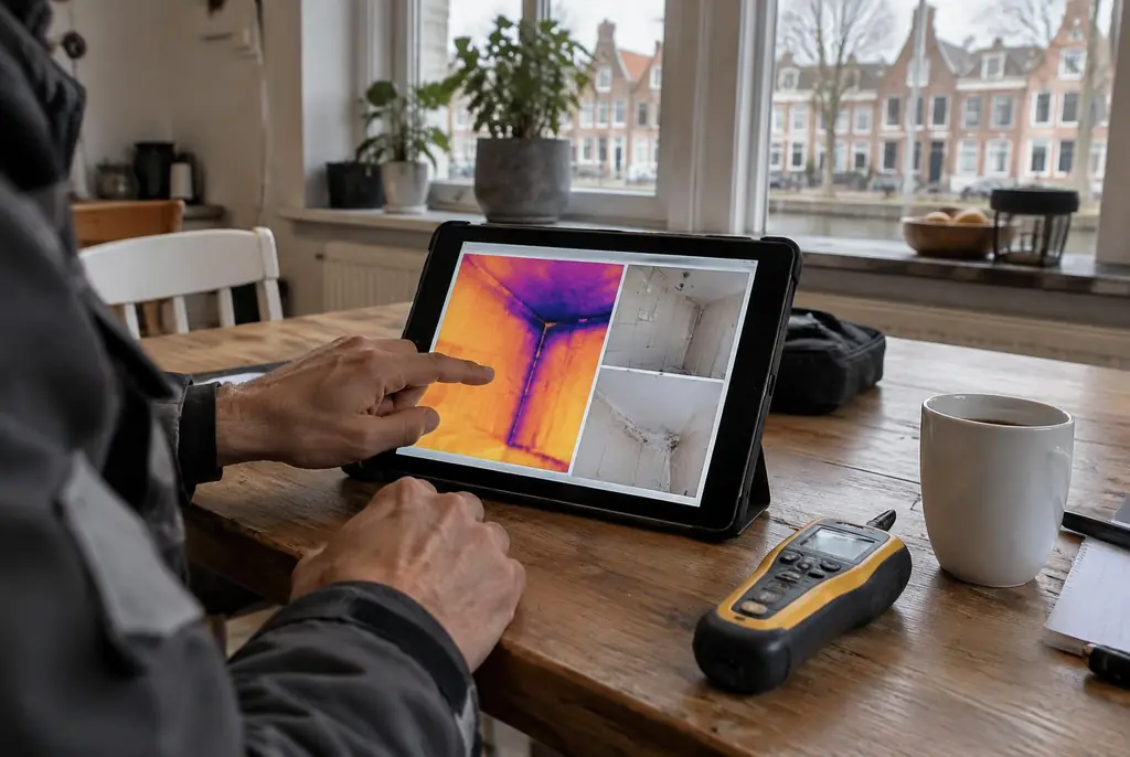Lekdetectie Vianen – lekdetectierapport met warmtebeelden en foto's op een tablet