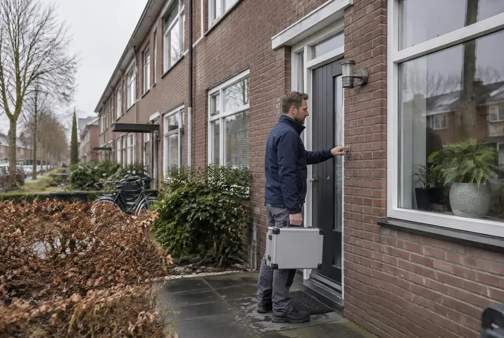 Lekdetectiespecialist met meetkoffer bij de voordeur van een woning in Vianen